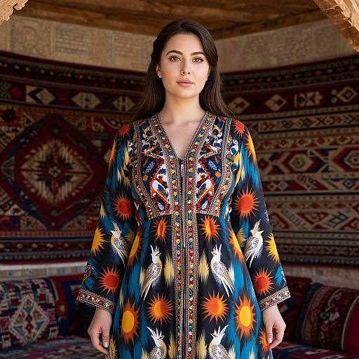 Photograph of a fair-skinned woman with long dark hair, wearing a colorful, embroidered traditional dress, standing in a richly patterned, traditional