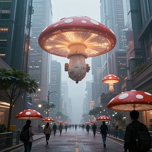 Digital artwork: Giant glowing red-and-white-spotted mushrooms float above a foggy city street, surrounded by smaller mushrooms and pedestrians. Urban skyscrapers