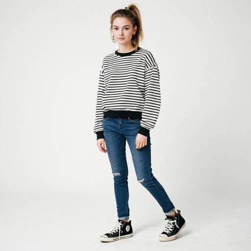 Teenage Girl in Striped Sweatshirt and Denim Jeans