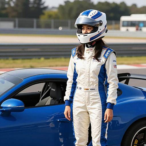 Woman Racer with Blue Sports Car