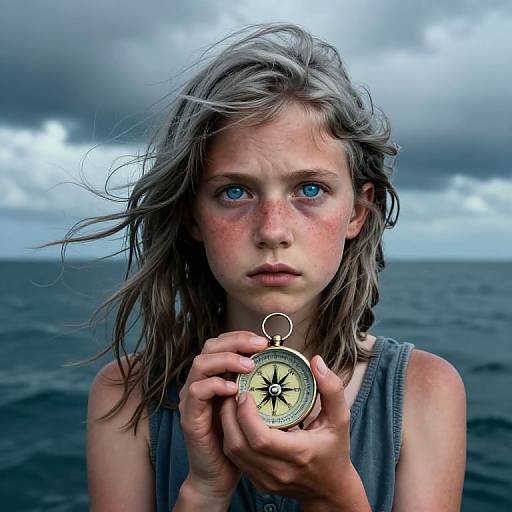 Photograph of a freckled, blue-eyed young girl with wet, wind-swept gray hair, holding a compass against a stormy,