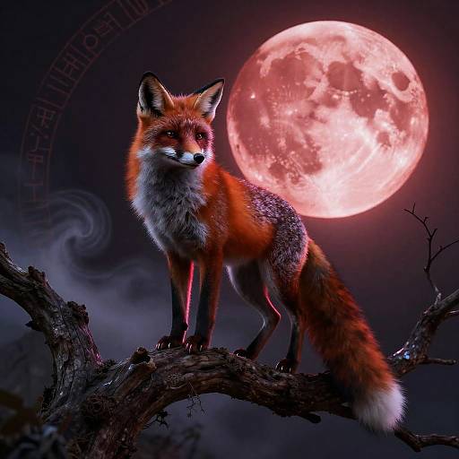 Digital artwork of a vibrant red fox standing on a gnarled tree branch, illuminated by a bright, red full moon in a dark, mystical night