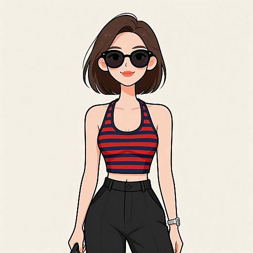 Digital illustration of a fair-skinned woman with short brown hair, wearing black sunglasses, a red and black striped tank top, and black high-wa