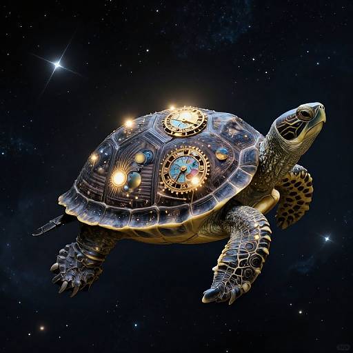 Digital artwork of a futuristic turtle with a glowing, clock-like shell, floating in a starry, dark space backdrop.