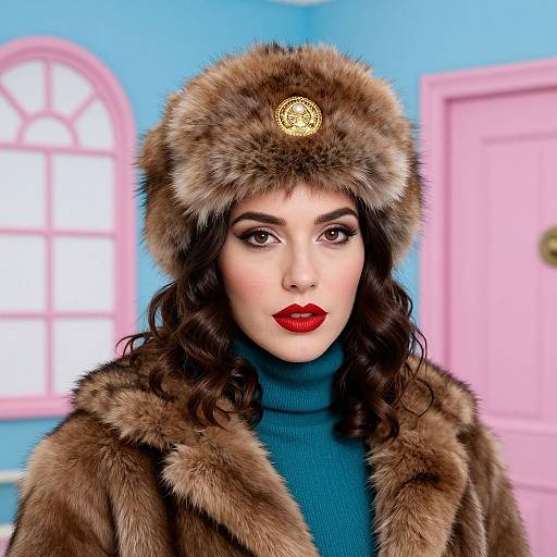 Photograph of a woman with fair skin, red lipstick, dark wavy hair, wearing a brown fur hat with a gold emblem, and a fur