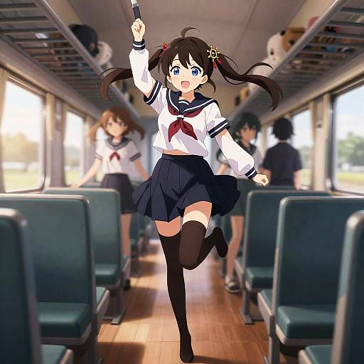 Anime Schoolgirl Skipping on Train