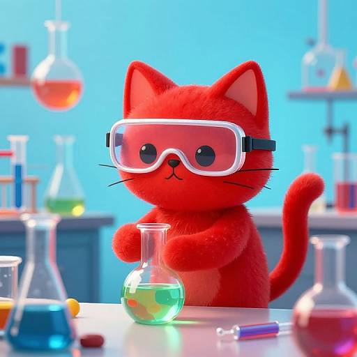 Cute, red cartoon cat in transparent goggles holding a test tube in a bright blue laboratory with various colorful beakers and flasks. Digital illustration.