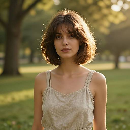 Woman in Sunlit Park with Layered Bob