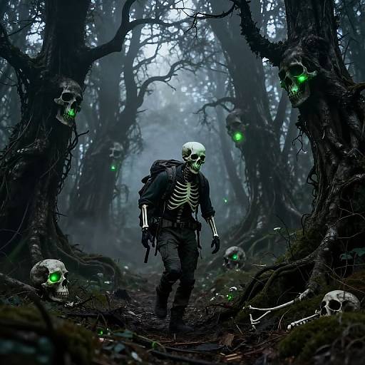 Digital art: A glowing-green-eyed skeletal figure with a backpack walks through a dark, eerie forest surrounded by ghostly, green-eyed skulls.