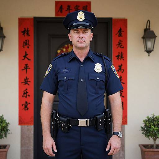 Police Officer by Decorated Doorway