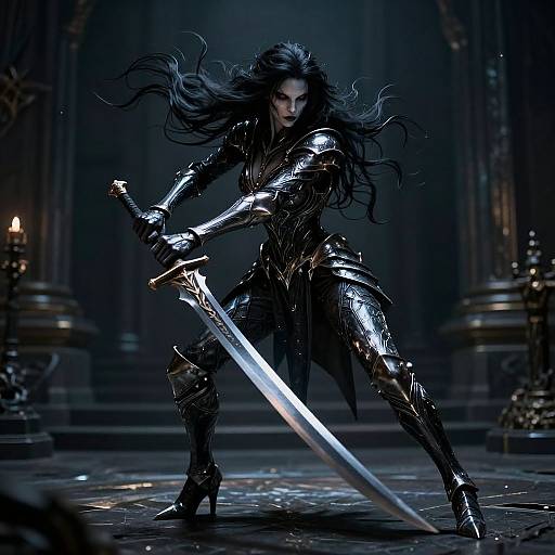 Digital art of a fierce, dark-haired warrior woman in shiny black armor, wielding a gleaming sword, standing in a dimly lit, gothic