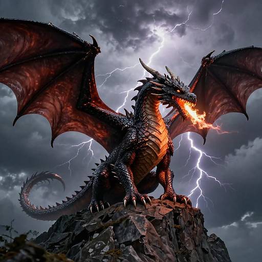 Digital artwork of a fierce, black dragon with glowing orange belly, large red wings, and sharp spikes, standing on a rocky peak with lightning illuminating