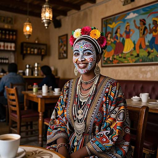 Photograph of a smiling African woman with white facial paint, colorful flower crown, and vibrant traditional-patterned robe, sitting in a dimly lit,