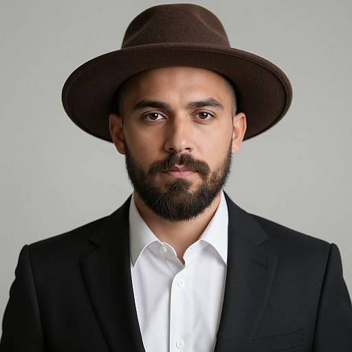 Photograph of a bearded man with medium brown skin, brown hat, black suit, white shirt, and serious expression against a light gray background.