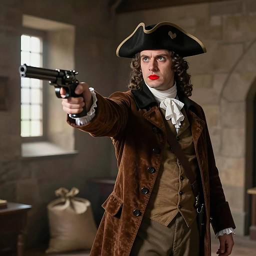 18th-Century Man Pointing Pistol Indoors