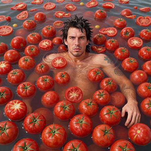 Photograph: Shirtless man with dark, wet hair and tattoos, surrounded by floating red tomatoes in a water-filled bathtub.