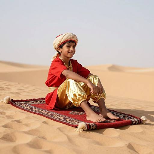 Photorealistic image of a smiling young boy with brown skin, wearing a red tunic, gold pants, and white turban, sitting on a