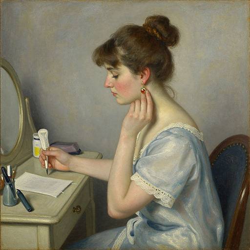 Painting of a fair-skinned woman with brown hair in a bun, wearing a blue lace-trimmed dress, applying perfume at a vintage vanity