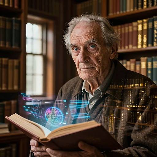 Photograph of an elderly man with white hair, wearing a brown jacket, holding an open book with magical blue and purple holograms. Background: wooden