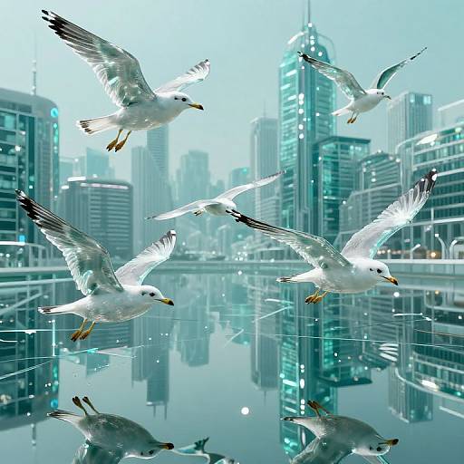 Photograph of seagulls flying over a reflective, futuristic cityscape with towering skyscrapers and neon lights, creating a surreal, mirrored effect.