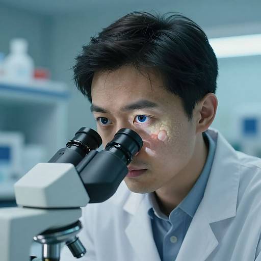 Photograph of an Asian male scientist with short black hair, wearing a white lab coat, intently looking through binocular microscopes in a brightly lit