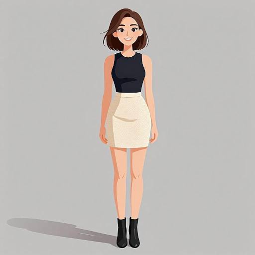 Digital illustration of a young woman with short brown hair, wearing a black sleeveless top, white high-waisted skirt, and black ankle boots,