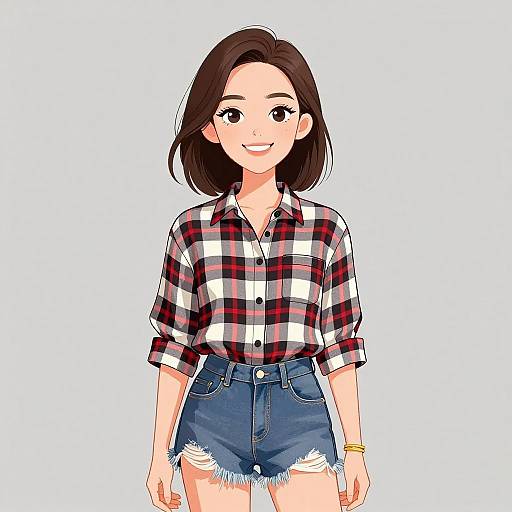 Digital anime-style drawing of a smiling young woman with medium-length brown hair, wearing a red and white plaid shirt and frayed blue denim shorts.