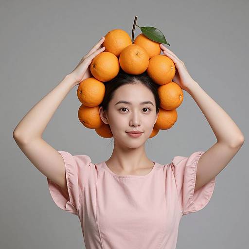 Photograph of an Asian woman with fair skin, black hair in a bun, wearing a pink short-sleeve shirt, balancing a large cluster of