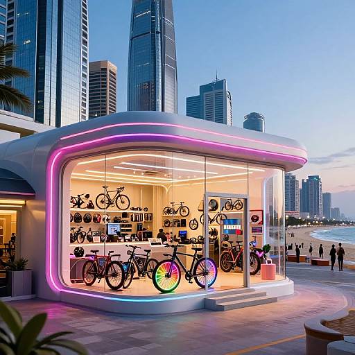 Photograph of a modern, glowing bicycle shop with neon pink and purple lighting, displaying colorful bikes, located in a coastal city with tall skyscrapers