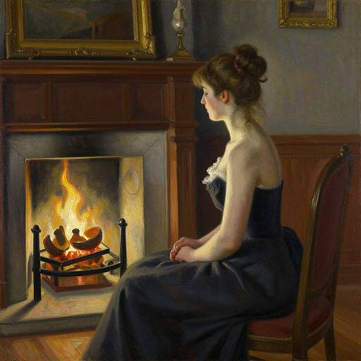 A painting of a woman in a black dress, seated on a wooden chair, gazing at a roaring fireplace in a dimly lit, elegant room