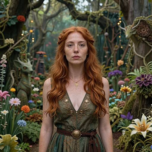Photograph of a red-haired woman with freckles, wearing a deep green, embroidered dress, standing in a vibrant, enchanted forest garden.