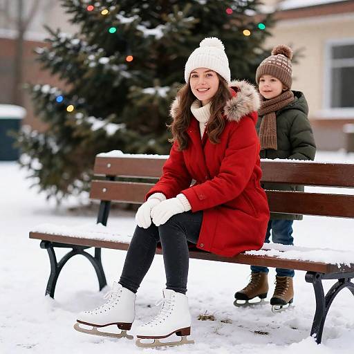 Joyful Winter Scene With Woman and Child