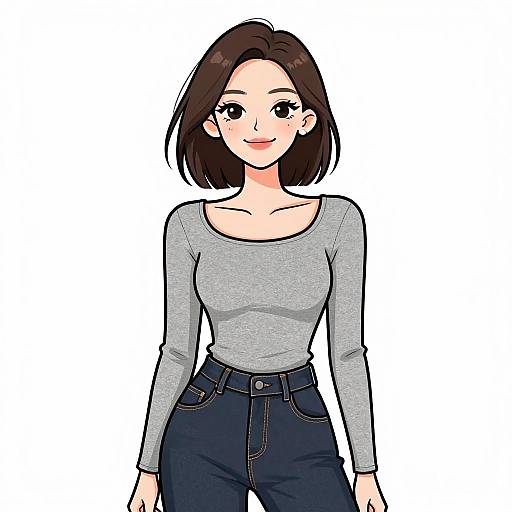 Digital anime-style drawing of a smiling woman with short brown hair, wearing a gray long-sleeve top and dark jeans, against a white background.