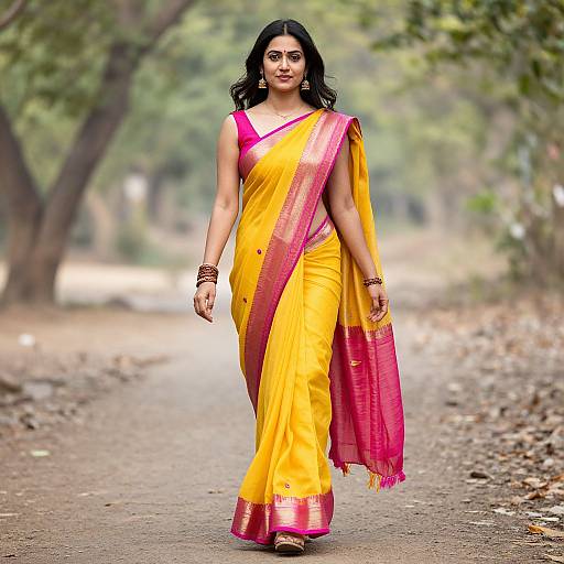 Photograph of a confident Indian woman in a yellow sari with pink borders, walking on a forest path, wearing bangles and earrings.
