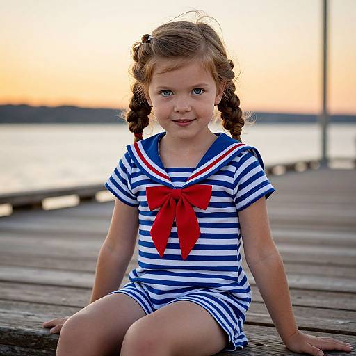 Photograph of a cute, young girl with braided brown hair, wearing a blue and white striped sailor dress with a red bow, sitting on a