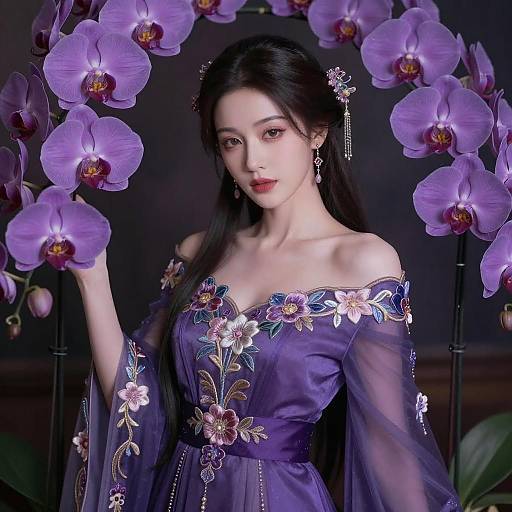 Elegant Woman in Purple Floral Gown with Orchids