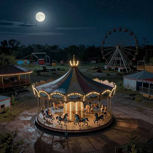 Nighttime photograph of a glowing carousel with illuminated lights, horses, and riders, under a full moon, beside a Ferris wheel and carnival tents.