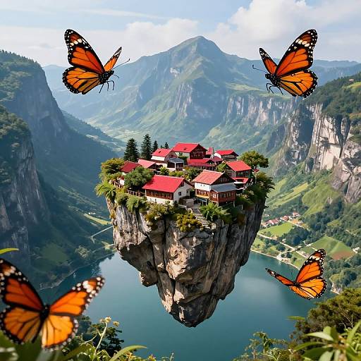 Photograph of a cliffside village with red roofs, surrounded by mountains and a lake, with four vibrant orange butterflies in the foreground.