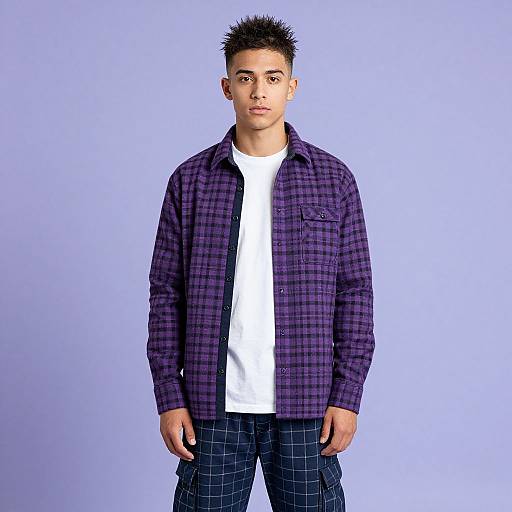 Photograph of a young man with short spiked black hair, wearing a purple plaid shirt over a white tee and blue checkered pants, standing against