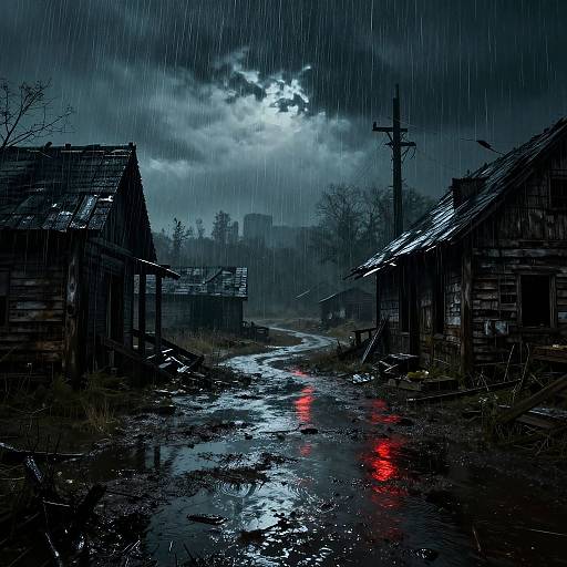 Moody, dark photograph of a rain-soaked, abandoned wooden village at night, with a glowing moon, reflective red streetlights, and dilapid