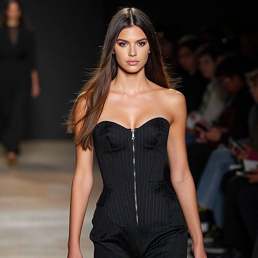 Photograph of a slender, long-haired woman with tan skin, wearing a strapless black pinstriped jumpsuit, walking down a dimly
