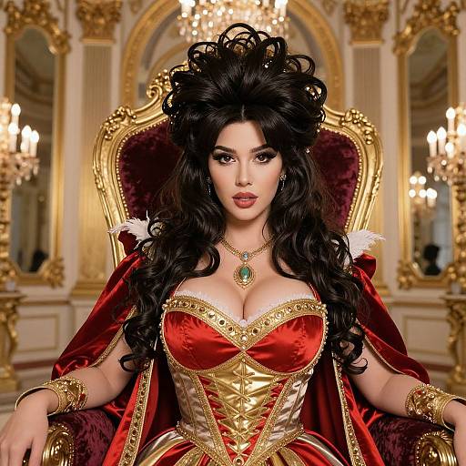 Digital art of a fierce, dark-haired queen with voluminous hair, wearing a red and gold corset, seated on an ornate throne in a