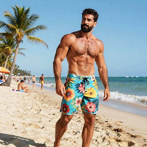 Muscular Bearded Man on Tropical Beach