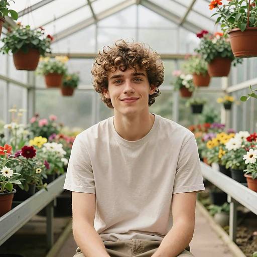 Young Man in Flower-Filled Greenhouse