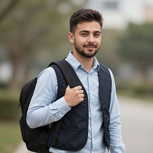 Photograph of a young, bearded man with short dark hair, wearing a light blue shirt and black vest, smiling while holding a black backpack in