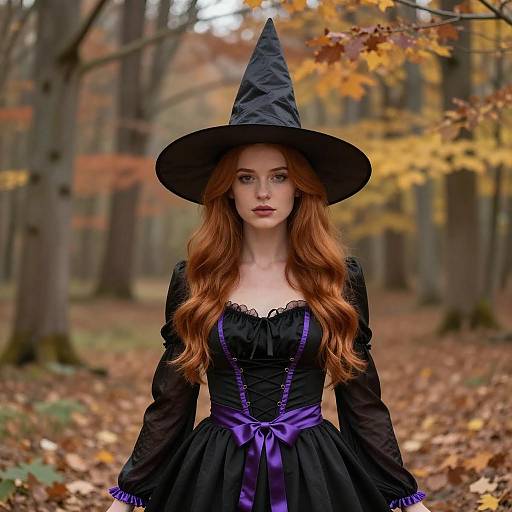Young Woman in Witch Costume in Autumn Forest