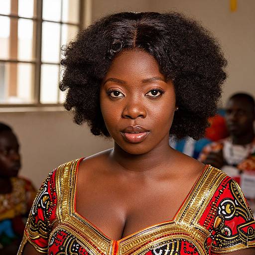 Photograph of a beautiful, dark-skinned African woman with natural curly hair, wearing a vibrant red and gold patterned dress, centered in a softly