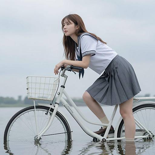 Calm Asian Woman with Bicycle Reflection