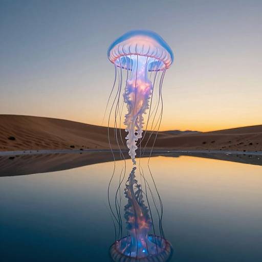 Photograph of a glowing jellyfish with translucent, pink-tinged bell and long, trailing tentacles, floating above calm, reflective water at sunset