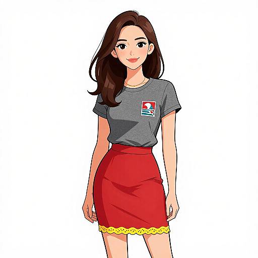 Digital anime-style drawing of a smiling young woman with long brown hair, wearing a gray T-shirt with a logo, red skirt with yellow lace trim,